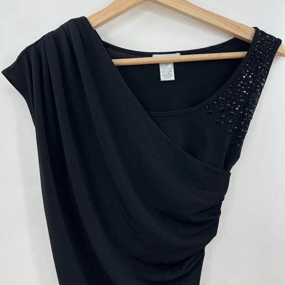 American VINTAGE Cache XS Black Asymmetrical Sheath Mini Dress Rhinestone Ruche - Picture 5 of 12